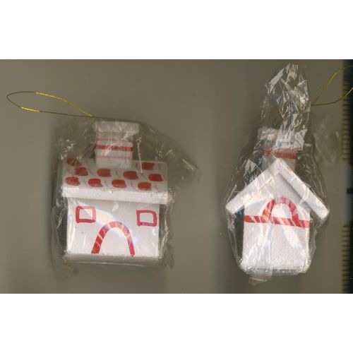 Christmas Ornament - Set of 2 Painted Red & White Wood Cottages / HOUSES
