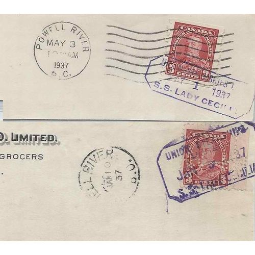 Canada Steamer Union Ship Mail 1937 - SS Lady Cecilia (large & small) on piece