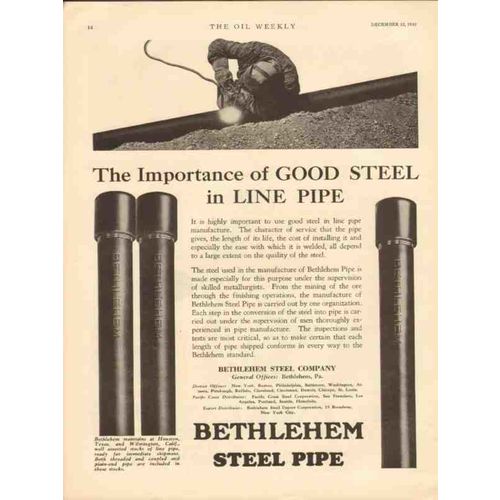 BETHLEHEM STEEL COMPANY 1930 importance good line pipe oil vintage ad