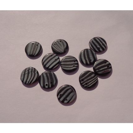 11 Black Striped Flat Round Glass Beads 2 Holes 15mm Czech Craft bd065