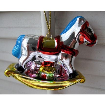 2 Brightly Colored Shiny Christmas Ornaments: JACK-IN-THE-BOX & Rocking Horse