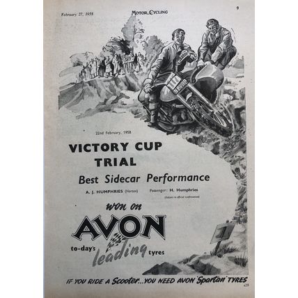 AVON VICTORY CUP TRIAL BEST SIDECAR 1958 VINTAGE MOTORCYCLE TYRE ADVERT