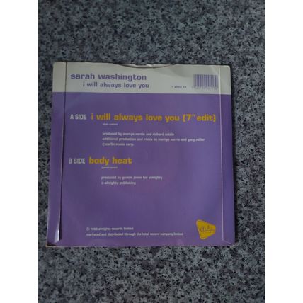 Sarah Washington – I Will Always Love You (Dance Mix) (7ALMY33) 1993 (7" Single)