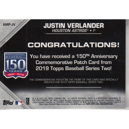 JUSTIN VERLANDER 150TH ANNIVERSARY PATCH 2019 AUTOGRAPHED HOUSTON ASTROS CHAMP