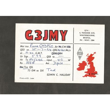 QSL Card G3JMY Edwin Halliday Parkside Avenue Winterbourne Bristol