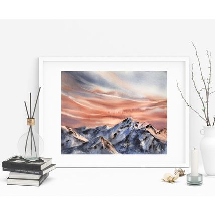 Mountains Original Watercolor Painting Sunset Art