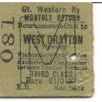 G.W.R. Edmondson Ticket - Bournemouth Central to West Drayton & Yiewsley