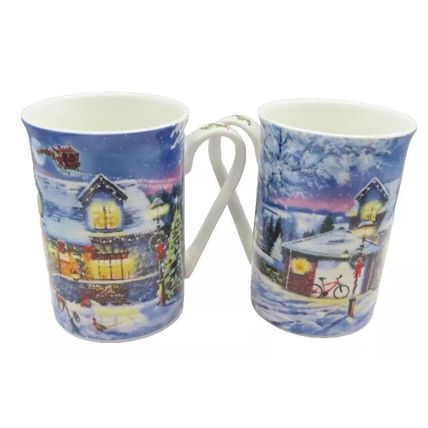 Christmas Scene Mugs & Coaster Set (Set of 2) Ceramic Tableware Festive 10.5 CM