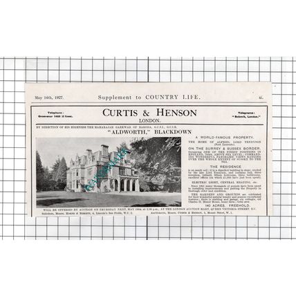 Aldworth Blackdown Surrey Alfred Lord Tennyson - 1927 House Sale Advert