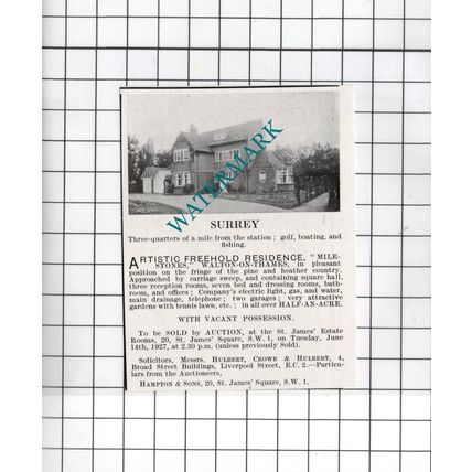 Milestones Walton-on-Thames Surrey - 1927 Small House Sale Advert