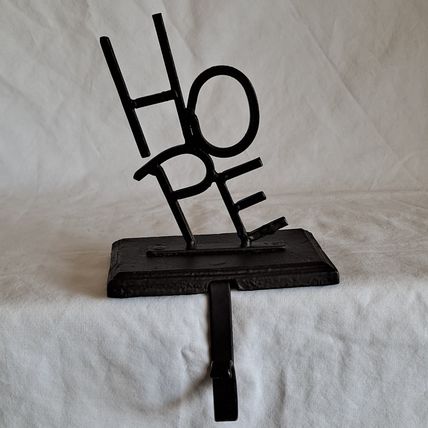 Metal HOPE Christmas STOCKING HANGER Mantel Sitter Holder Hook Black