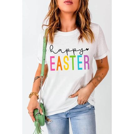 White Happy EASTER Round Neck Graphic Tee