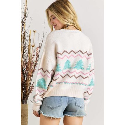 White Striped Christmas Tree Ribbed Trim Drop Shoulder Sweater
