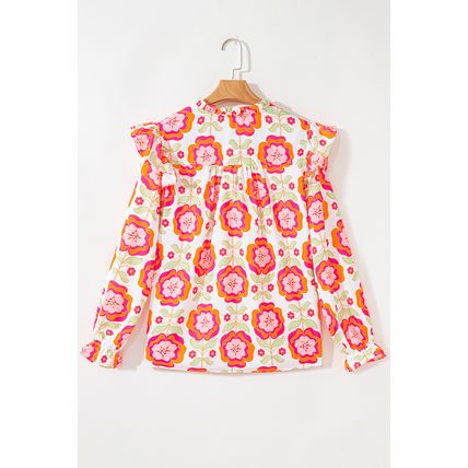 Rose Floral Printed Ruffled Long Sleeve Blouse