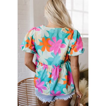 Pink Floral Print Bubble Sleeve V Neck Peplum Blouse