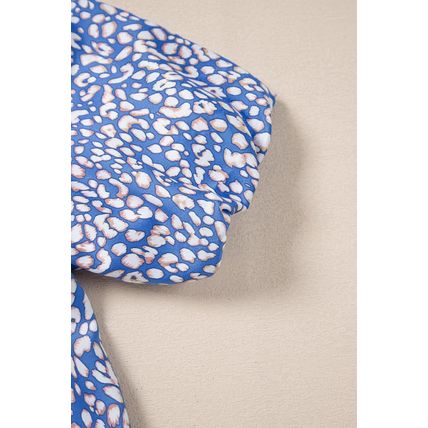 Ashleigh Blue Leopard Print Spot Contrast V Neck Half Puff Sleeve Shirt