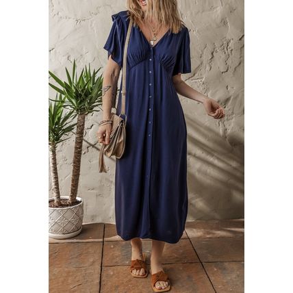 Navy Blue V Neck Buttoned Front Shirred Back Short Sleeve Midi Dress