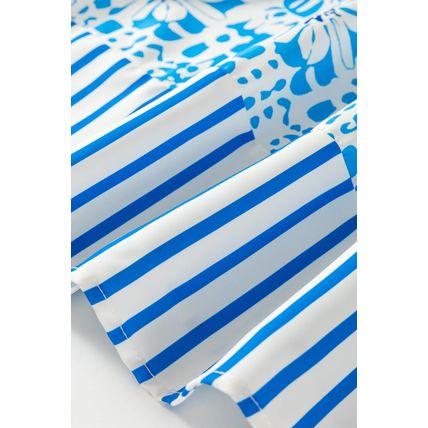 Sky Blue Contrast Striped Trim Floral Shift Fit Fall Dress