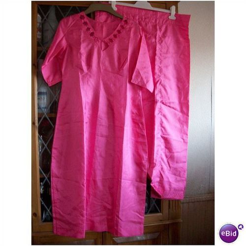 HOT PINK INDIAN POLYESTER SILK TUNIC TOP & TROUSERS UK6-8
