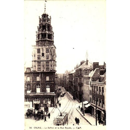 Vintage B&W Postcard - The Bell Tower & the Rue Royale, Calais, France