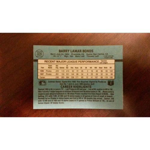 1988 Donruss Card # 326 Barry Bonds Very Good (3) Pittsburgh Pirates