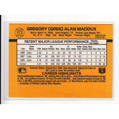 1989 Donruss Greg Maddux baseball card #373 –HOF - Cubs