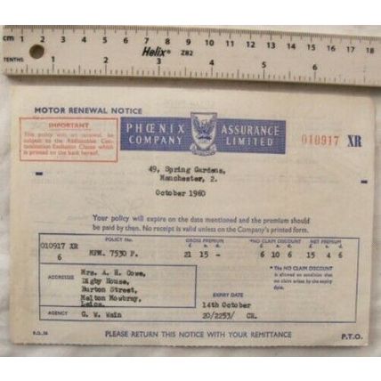 1960 motor renewal notice Phoenix Assurance - Cowe, Melton Mowbray