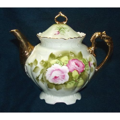 Lefton Green Heritage teapot sugar & creamer set 792 4938 pink rose good vintage