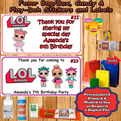 LOL Surprise Birthday Stickers 1 sheet Favor Water Bottle Label Personalized