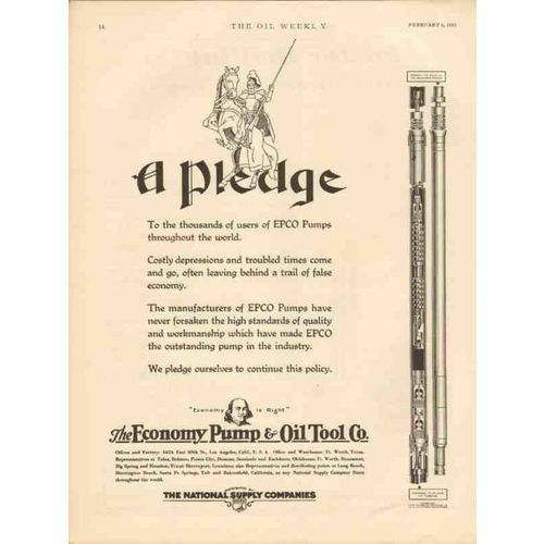 ECONOMY PUMP OIL TOOL CO 1931 EPCO Pledge thousand users vintage ad
