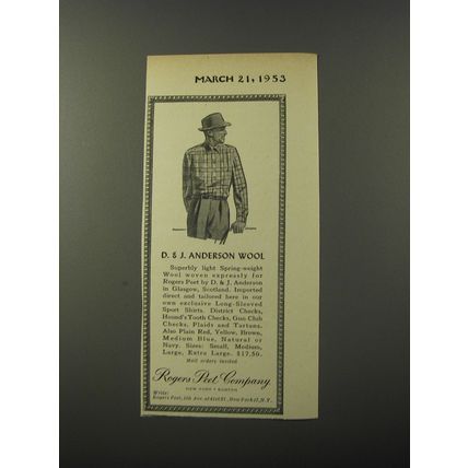 1953 Rogers Peet Shirt Advertisement- D&J Anderson Wool