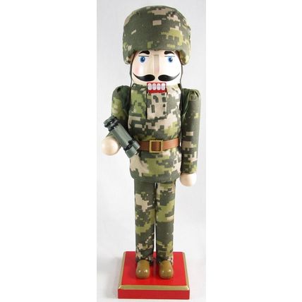 14 Inch Wooden Nutcracker Soldier in Camo Fatigues, Backpack and Binoculars
