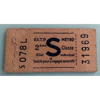 Ticket Paris Metro valid 2 journeys S class circa 1955