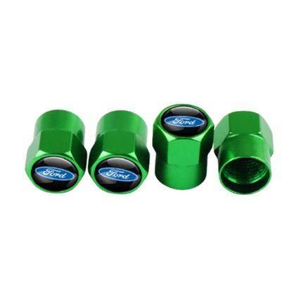 4 X GREEN METAL TYRE VALVE DUST CAPS FOR FORD - BRAND NEW - UK STOCK