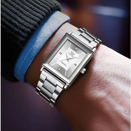 Gents Black Square Face Waterproof Silver Stainless Steel Bracelet Watch BOXED