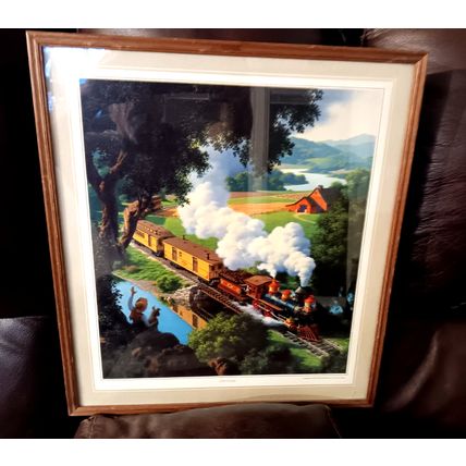 Old Lithograph Print Iron Horse By Brown & Bigelow Framed 17" X 15" 1953