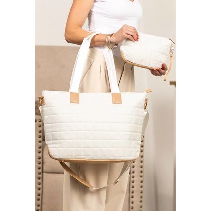 White Quilted Patchwork Large Tote Bag and Clutch 2pcs Set