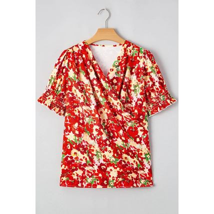 Red Floral Bubble Sleeve Pleated V Neck Wrap Blouse