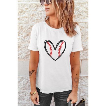 White Baseball Heart Shape Embroidery Graphic Tee