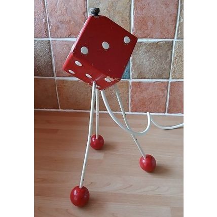 Atomic Tripod Red & Cream Wooden Dice Lamp, Ball Feet, retro, vintage