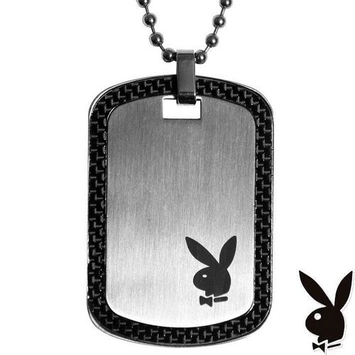 Men's Playboy Necklace Stainless Steel Dog Tag Pendant Bunny Black Carbon Fiber