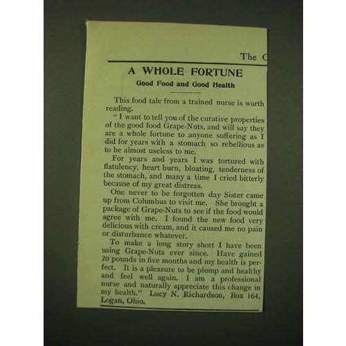 1902 Post Grape-Nuts Cereal Ad - A whole fortune good food and good health