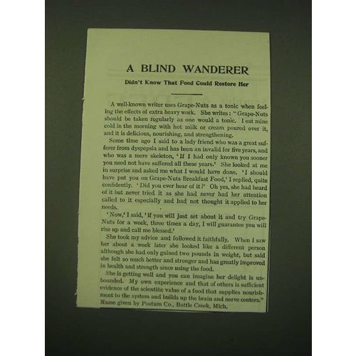 1902 Post Grape-Nuts Cereal Ad - A blind wanderer didn't know that food could