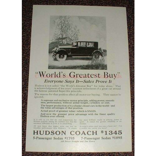 1925 Hudson Super Six Car Ad, World's Greatest Buy!!
