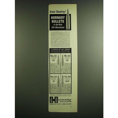 1963 Hornady Bullets Ad - 284 Winchester Cartridge, Secant Ogive, Round Nose