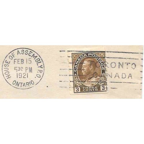 Canada Admiral Coil Toronto Illustrated, House of Assembly cancel 1921