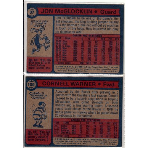 TWO 1974-75 Topps Bucks cards- Jon McGlocklin-37- Cornell Warner- 109 - NBA