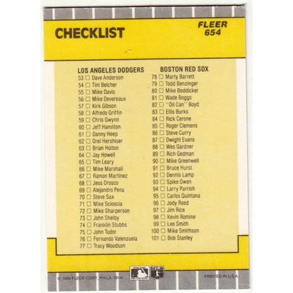 1989 Fleer Baseball Checklist Athletics, Mets, Dodgers, Red Sox card #654