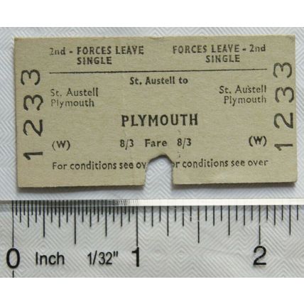 1966 British Railways Board ticket Forces Leave Single, St. Austell to Plymouth