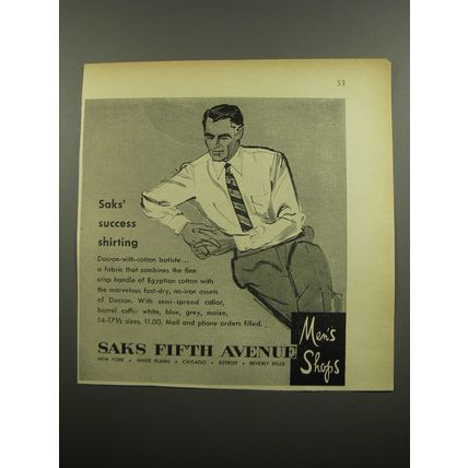 1955 Saks Fifth Avenue Shirts Ad - Saks' success shirting